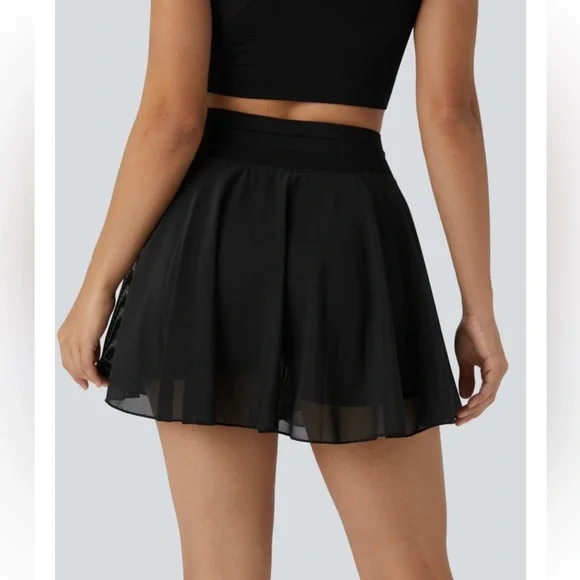 High Waisted Drawstring Contrast Mesh Flowy Mini Flare Casual Skirt/Skort - Picture 3 of 11